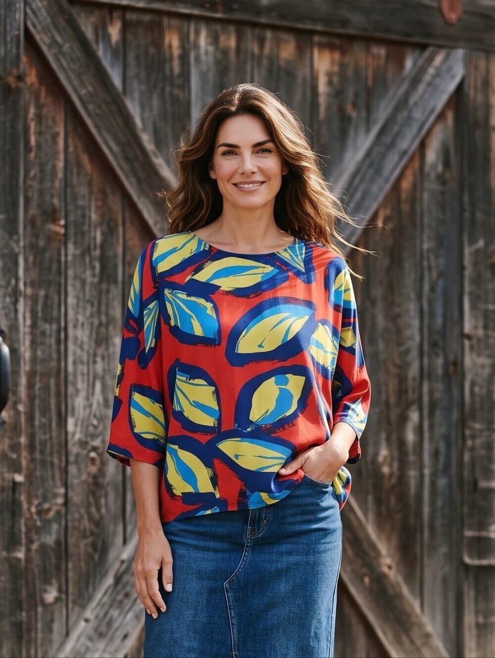 Corey Lynn Calter Poppy Red With Navy Blue And Lime Green Leaf-Print Top